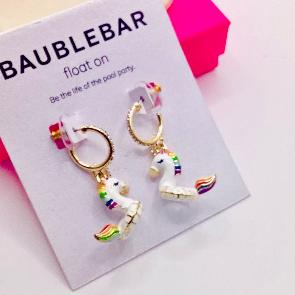 BaubleBar Gold Unicorn Pool Toy Earrings with Rainbow Accents